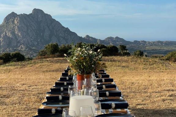 Jean Antoine Ottavi picnic table setting with view of mountains, Corsica